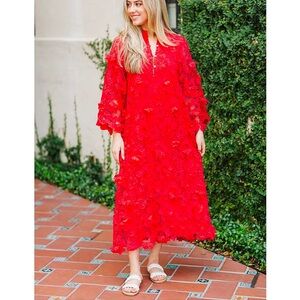 J.Marie Seraphina Floral Long Sleeve 3D Lace Midi Dress in color Red size XL